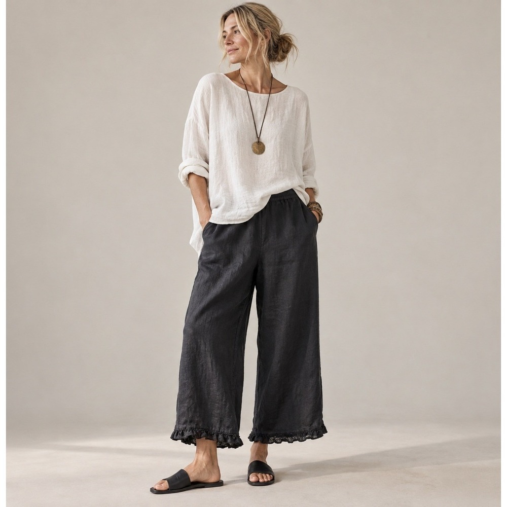Match Point Linen Wide Leg Ruffle Hem Pants Black Sz M Made in USA